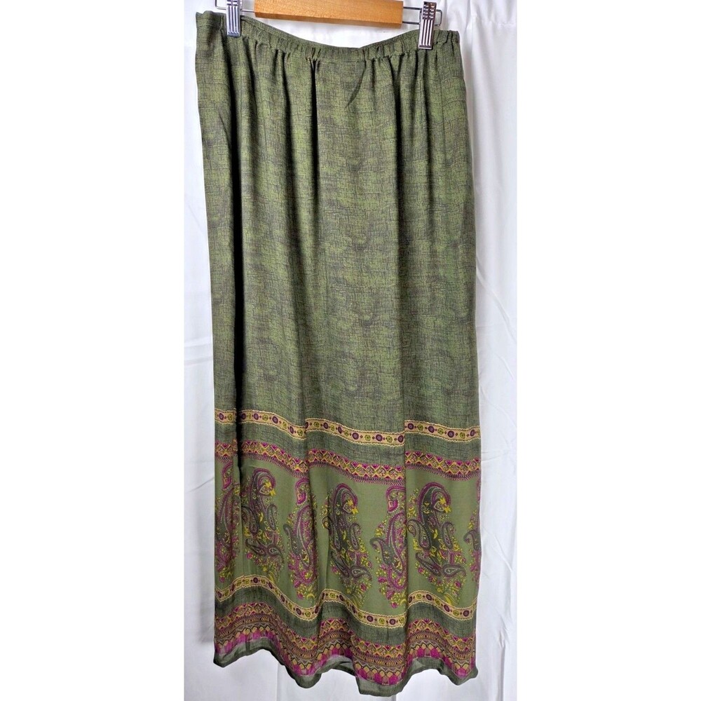 Vintage Valerie Stevens Petite 100% Silk Paisley Midi Skirt Olive Green Boho 8P - Picture 6 of 10